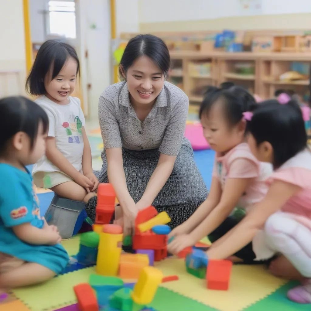 Bé chơi cùng cô giáo tại trường mầm non Kid's World Nhà Bè