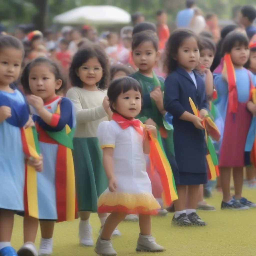 Hình ảnh các bé mầm non đi dự kiểu trong ngày khánh thành trường