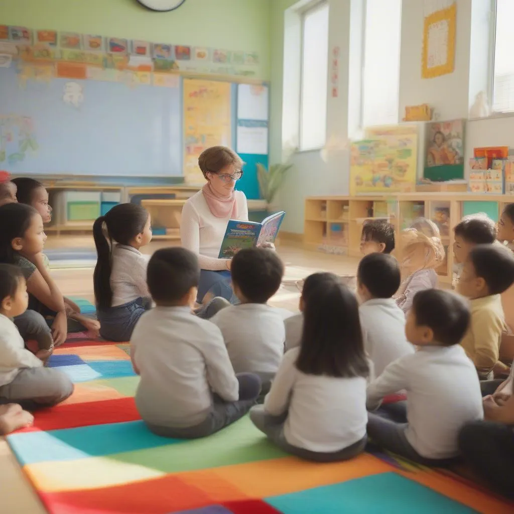 幼稚園で子供たちに教える先生