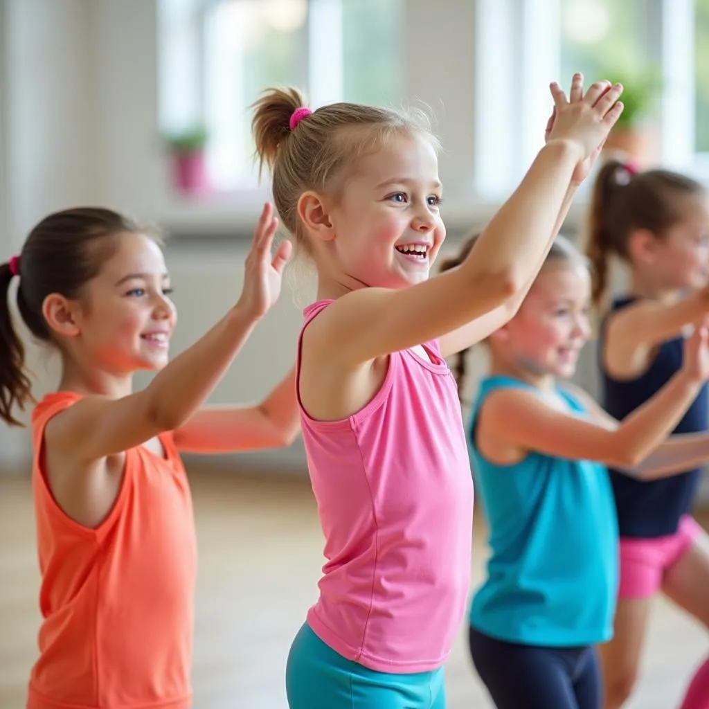 Children practicing rhythmic gymnastics