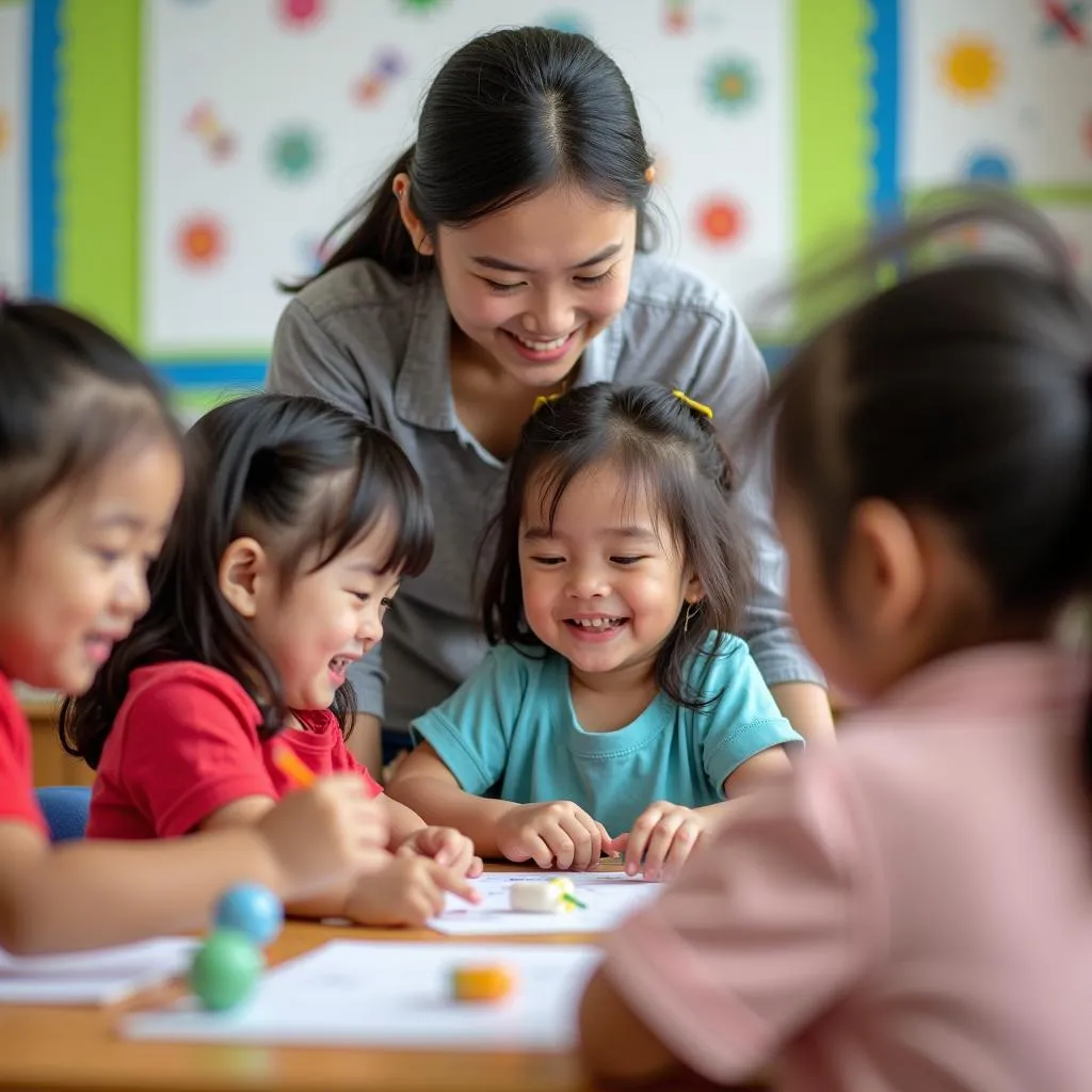 Bảo mẫu mầm non chơi với trẻ