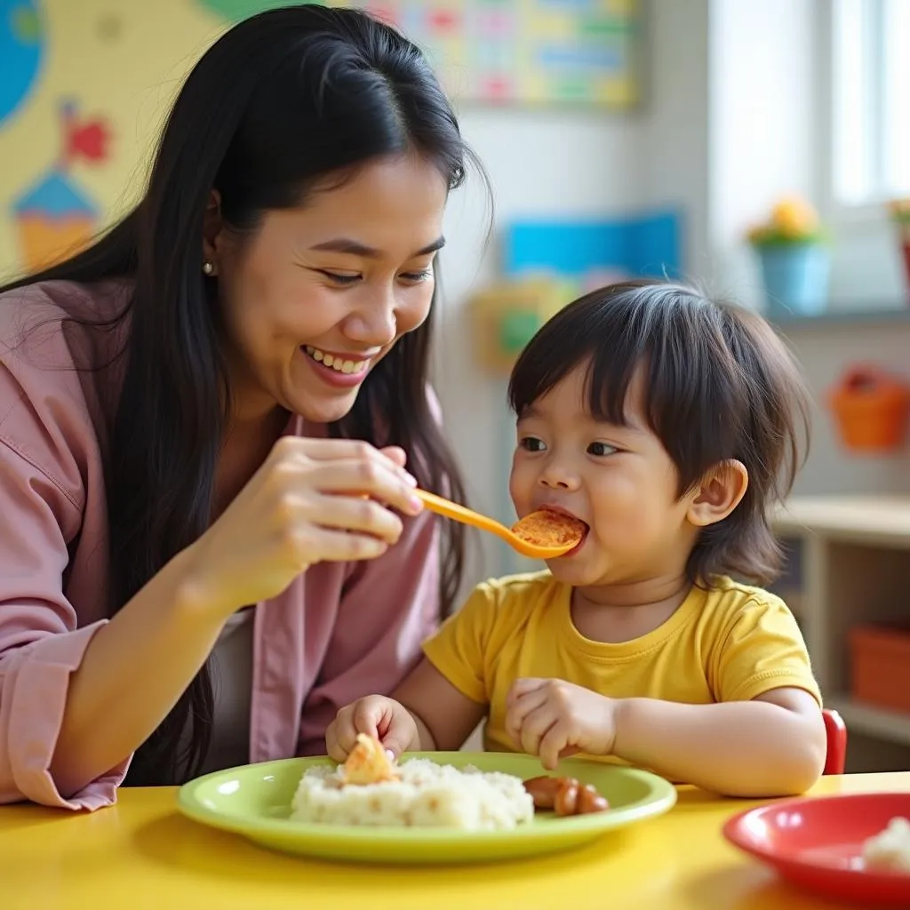 Bảo mẫu mầm non đang cho trẻ ăn