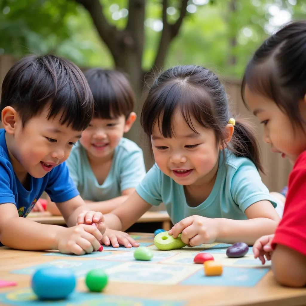 Bé đang tham gia lớp học ngoại trời tại trường mầm non Vietkids