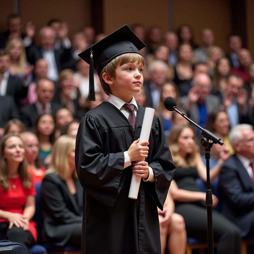 A child dressed in a graduation gown and cap, holding a diploma, standing on a stage with a microphone and a crowd of people cheering in the background.