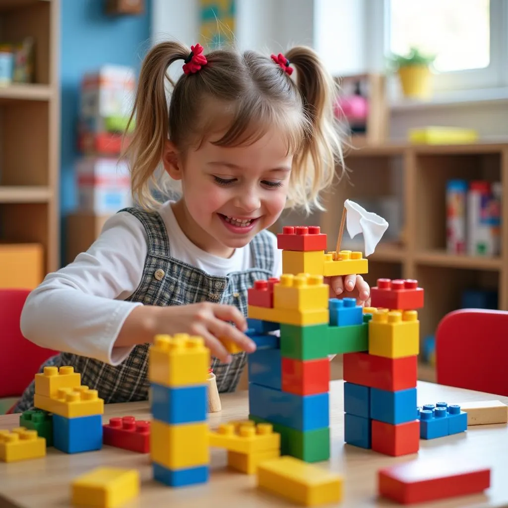 Bé gái xây dựng lâu đài bằng khối lắp ghép ở góc xây dựng