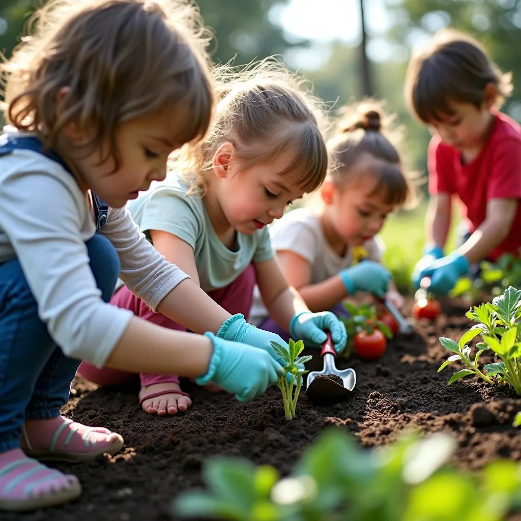 Bé học trồng rau trong vườn rau mầm non Green School