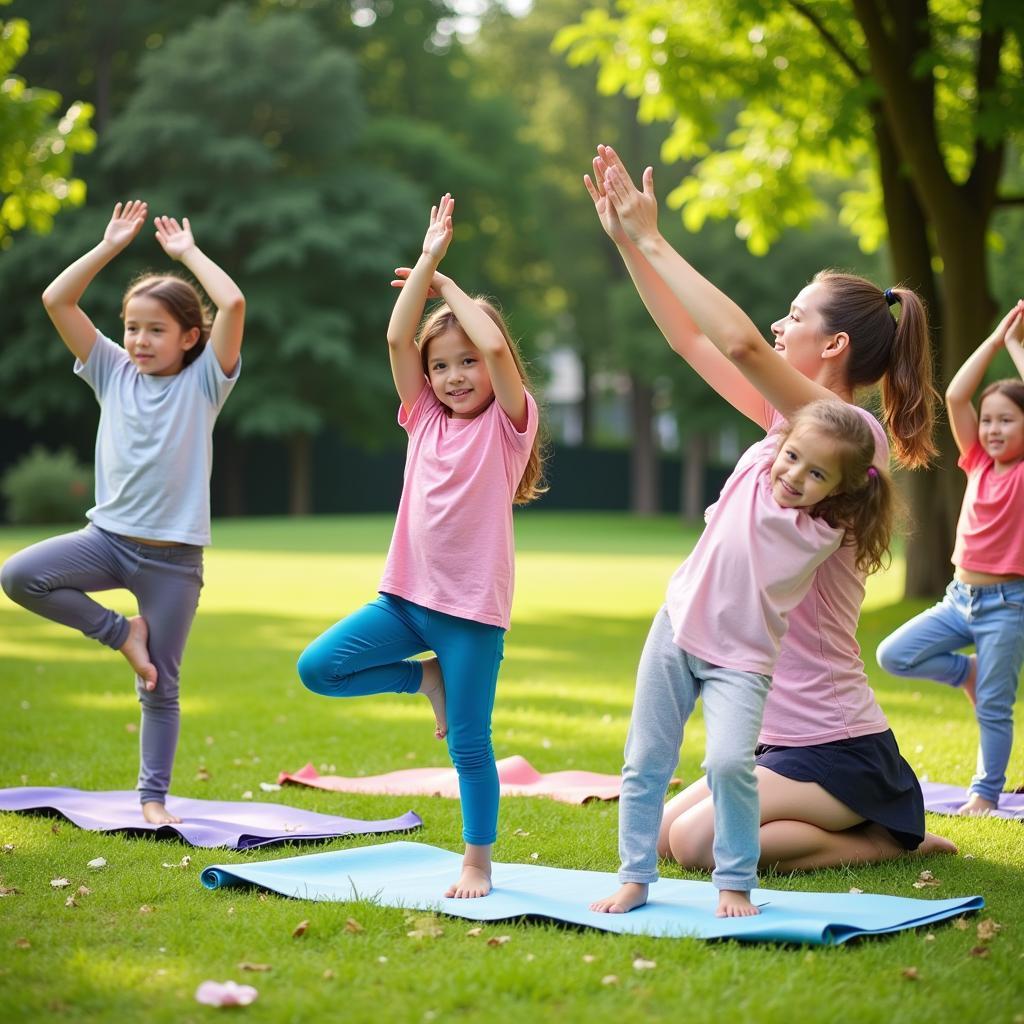 Bé mầm non tập yoga ngoài trời