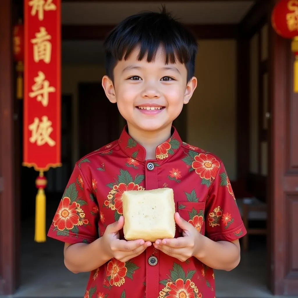 Bé trai mặc áo dài cầm bánh chưng