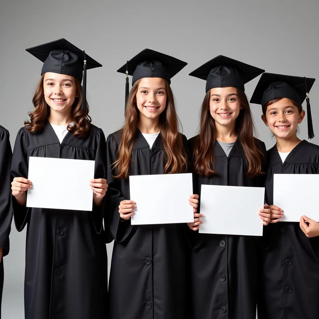 A group of children in graduation gowns and caps, holding certificates and smiling.