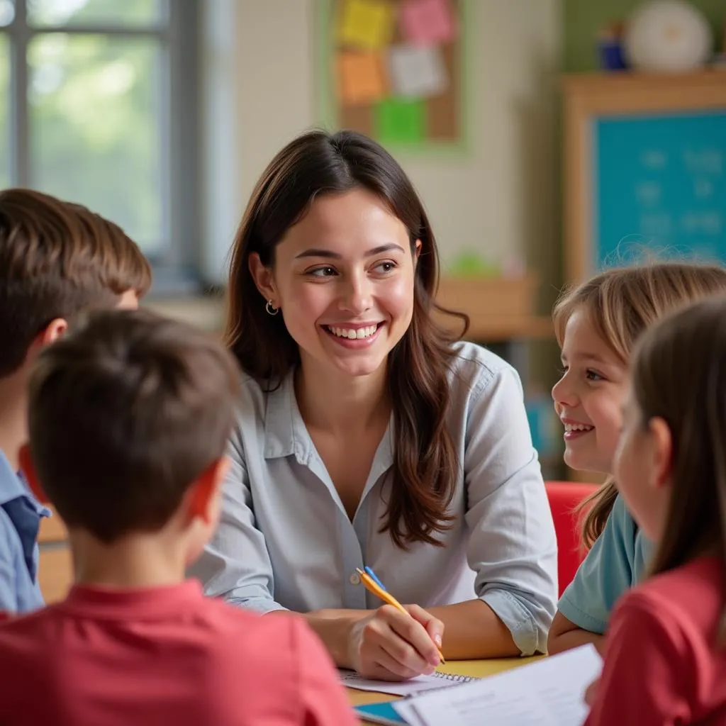 A kind and patient female teacher smiling and interacting with a group of children in a classroom setting.