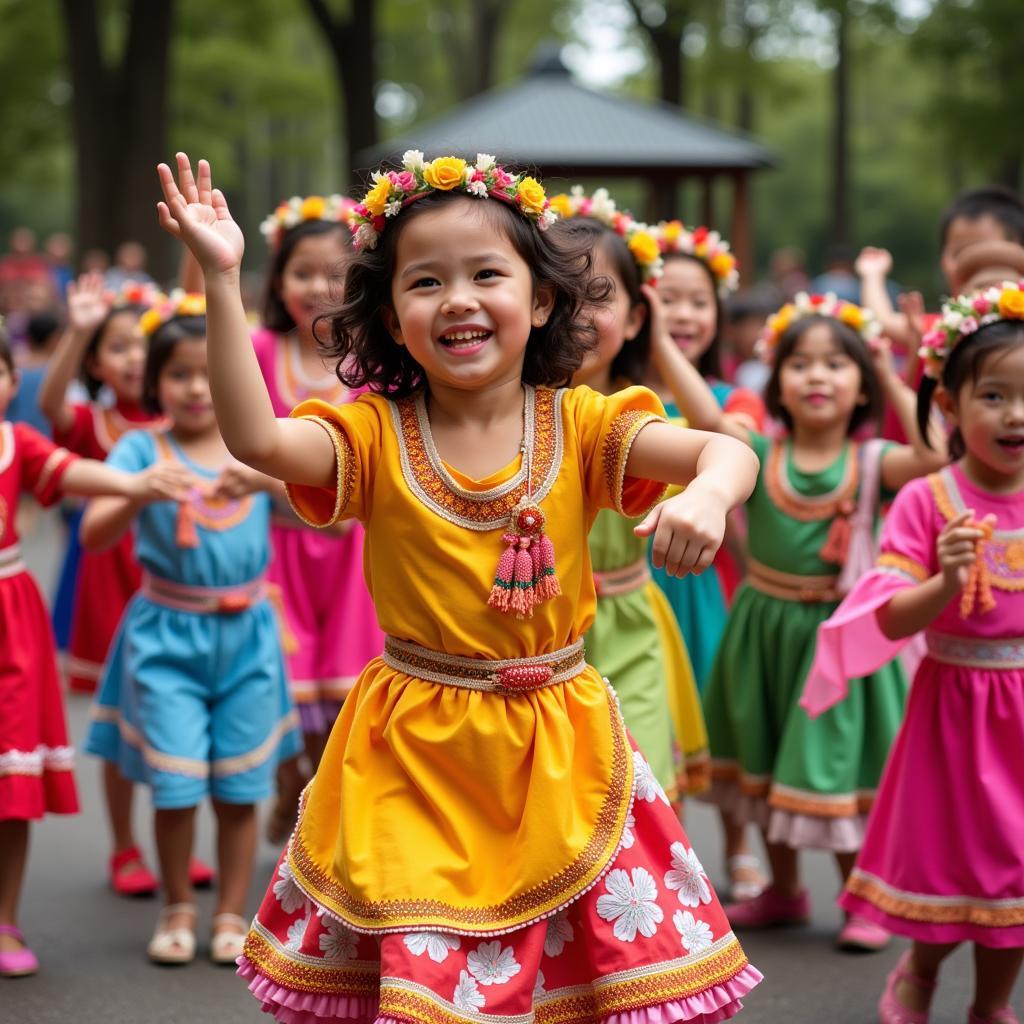 Trẻ em mầm non đang nhảy dân vũ Pa Na Ma với nụ cười tươi tắn