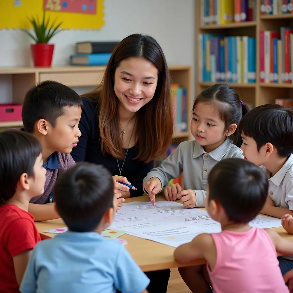 Giáo viên đang dạy trẻ học nói