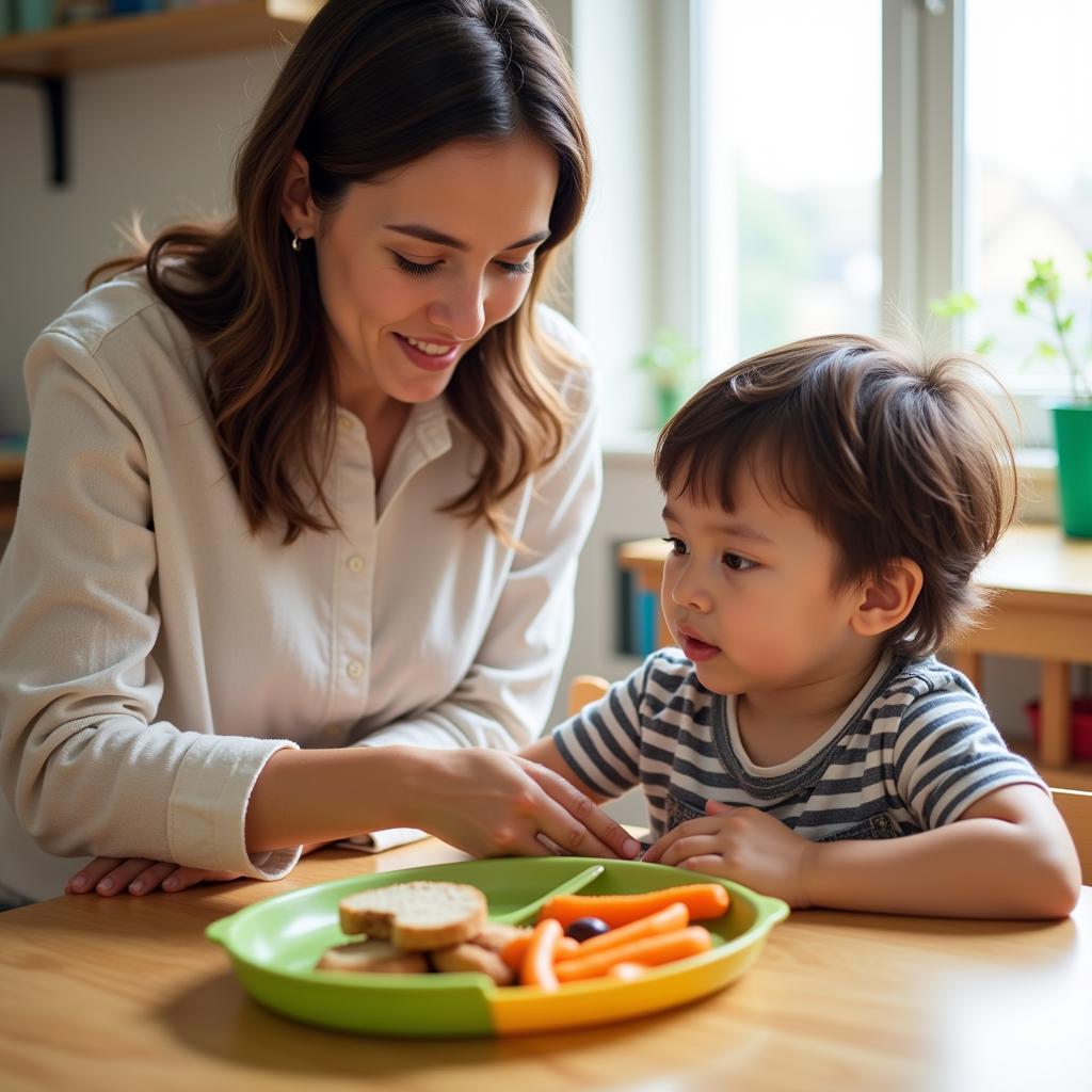 A preschool teacher helps a child eat their lunch