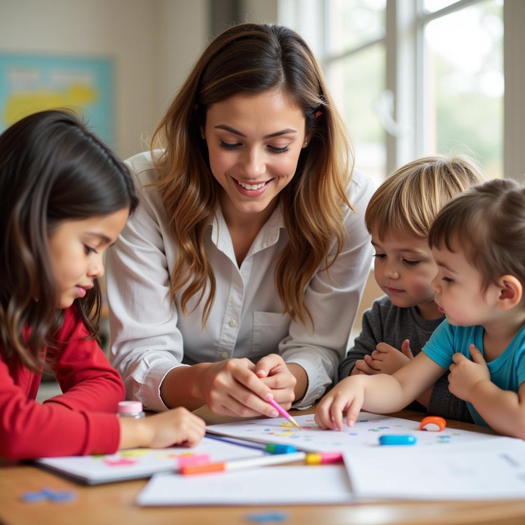 Preschool teacher educating children