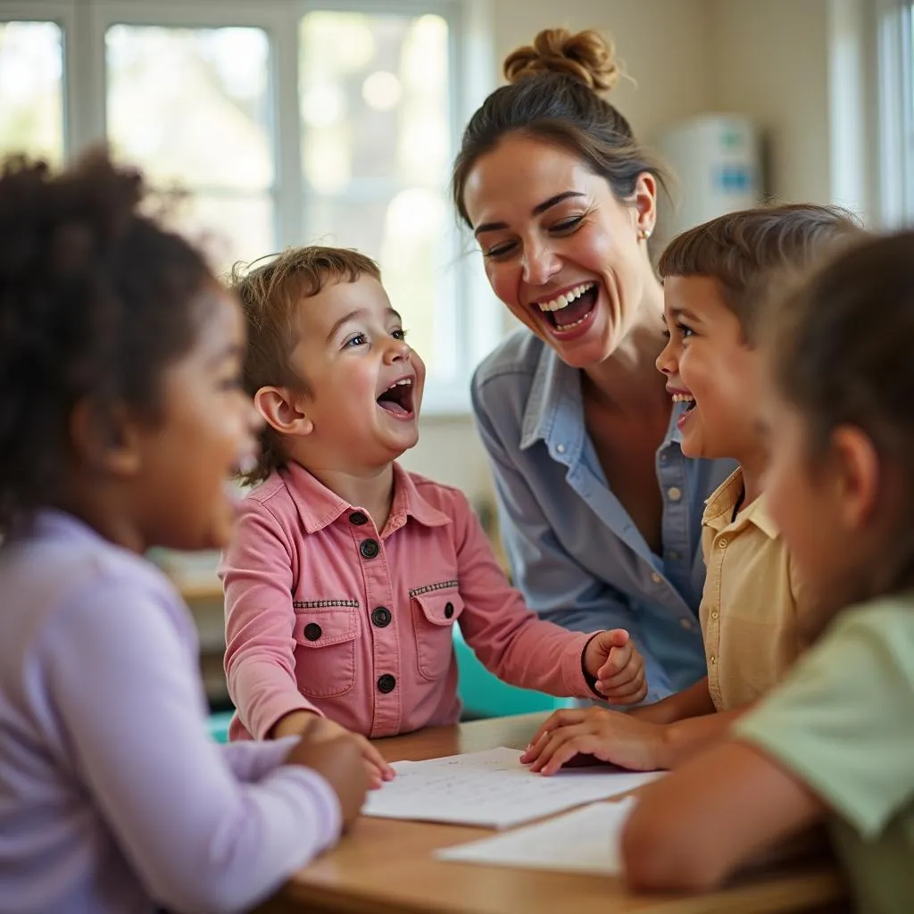 Kindergarten teachers interacting with children