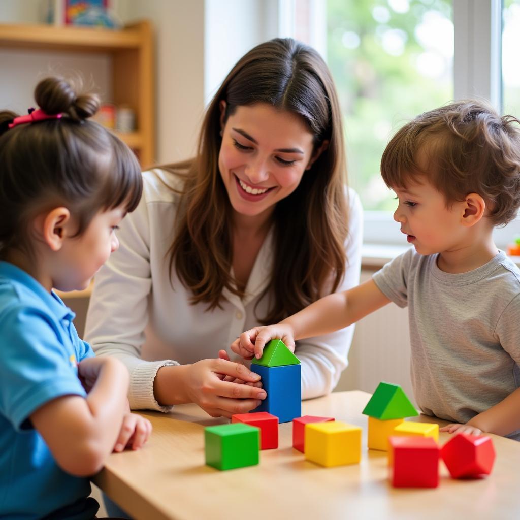 A preschool teacher uses colorful blocks to teach children about shapes