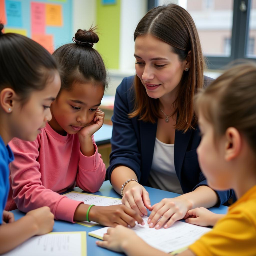 Hình ảnh giáo viên mầm non Leader School tận tâm chăm sóc và dạy dỗ trẻ.