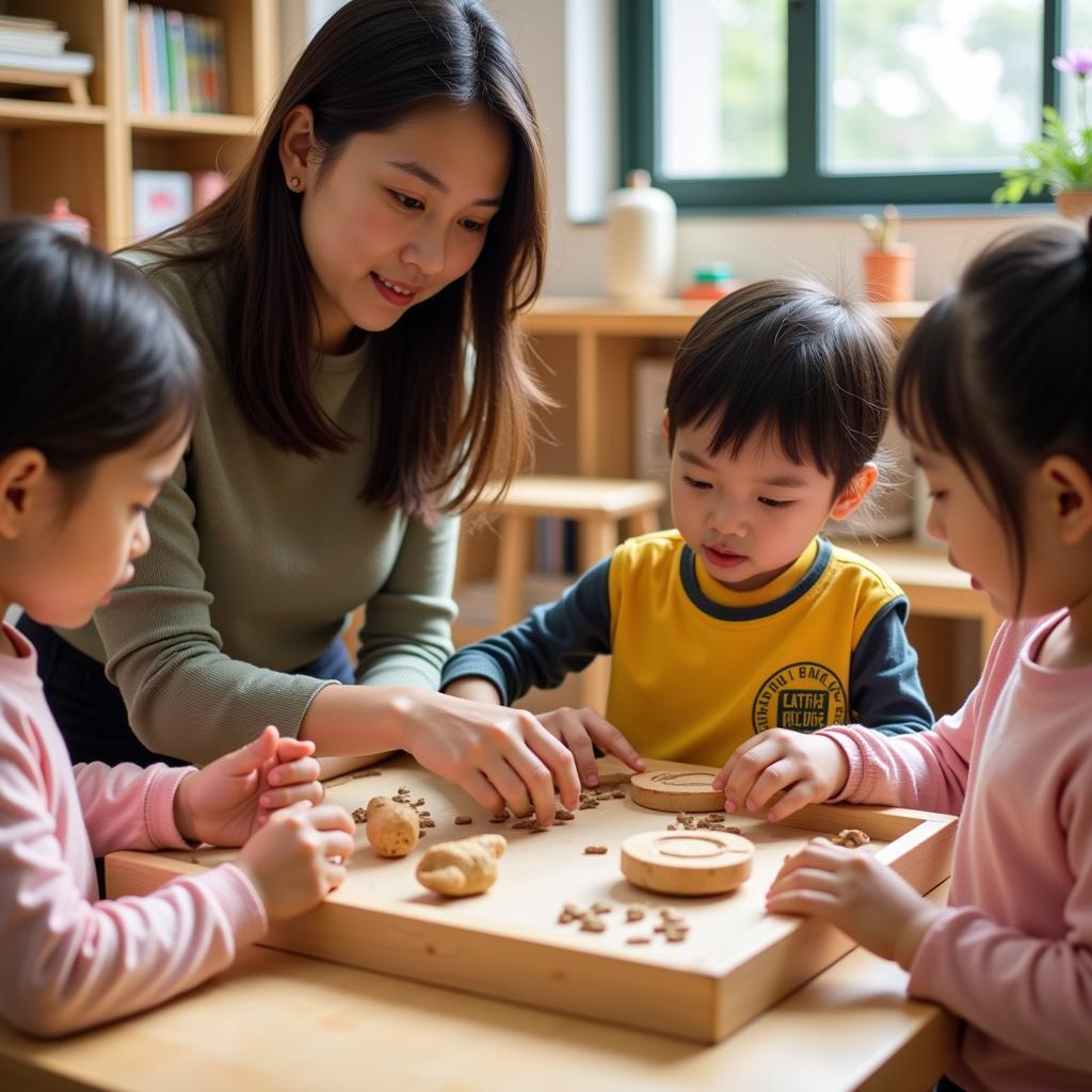 Giáo viên mầm non Montessori đang hướng dẫn các bé