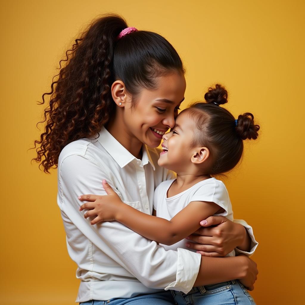 A preschool teacher is hugging a child