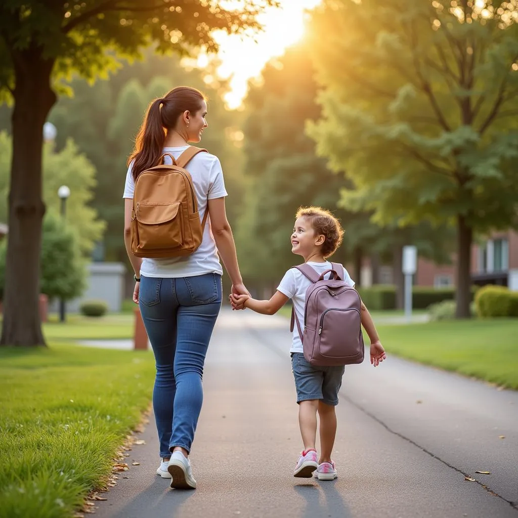 Hình ảnh mẹ trò chuyện vui vẻ với bé trên đường đến trường mầm non