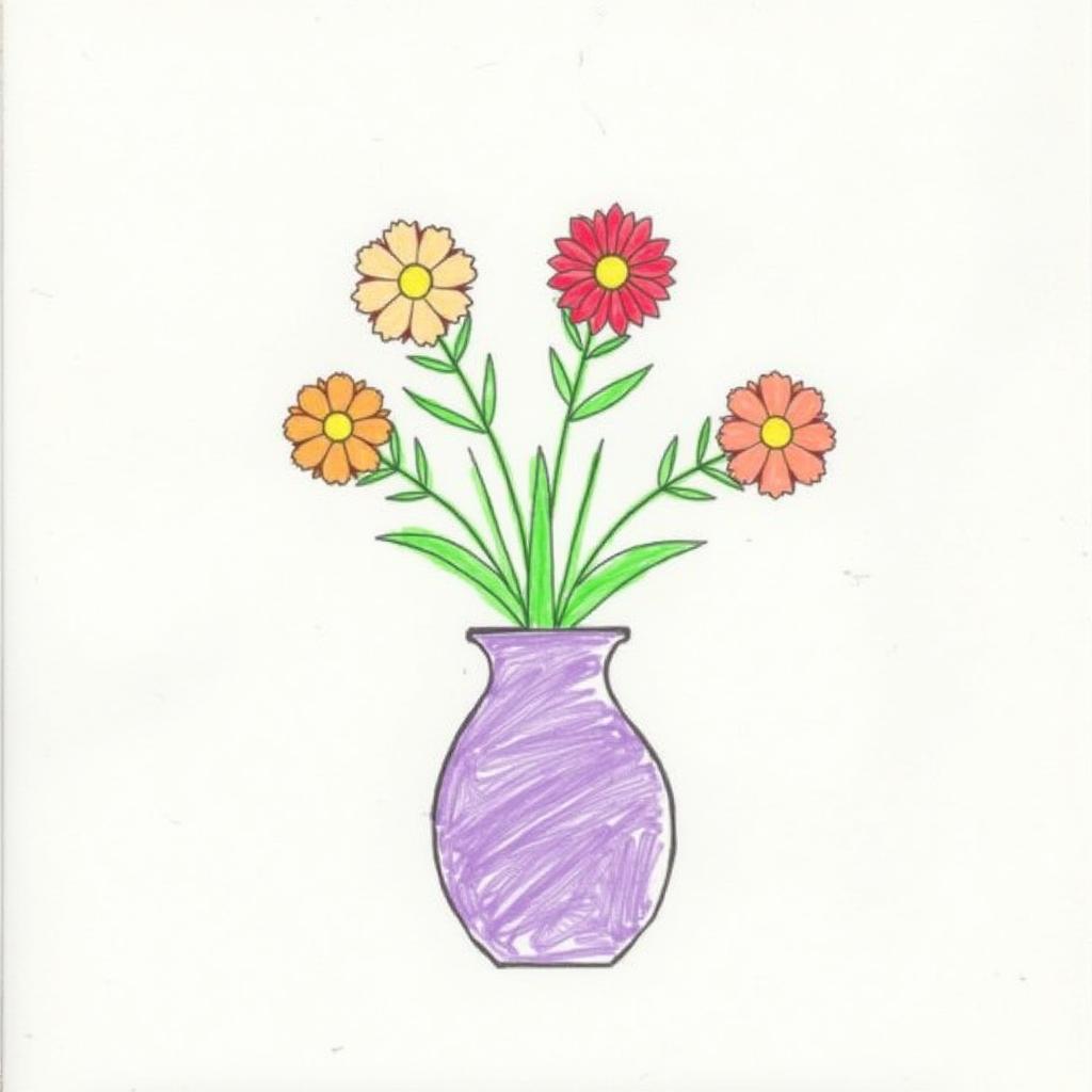 Child's drawing of a colorful flower vase