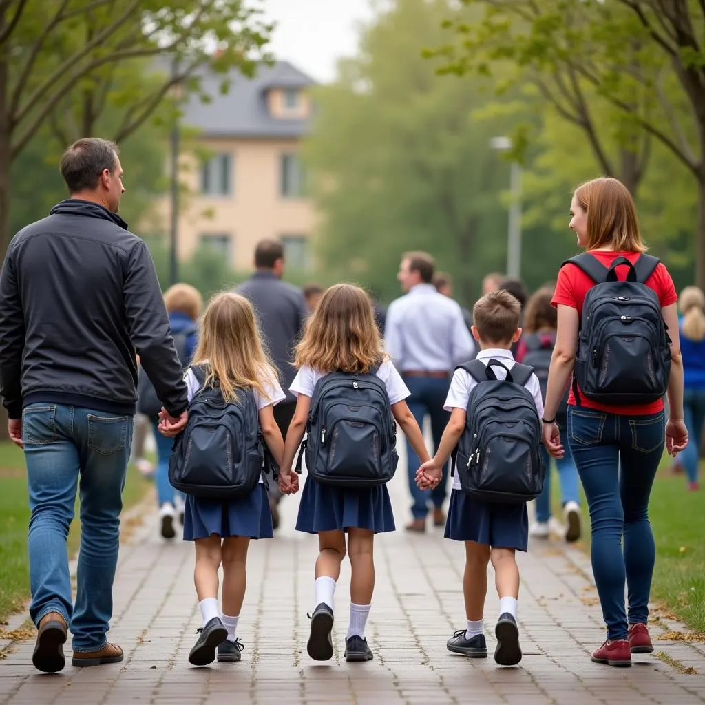 Pais levando seus filhos para a escola para a cerimônia de abertura