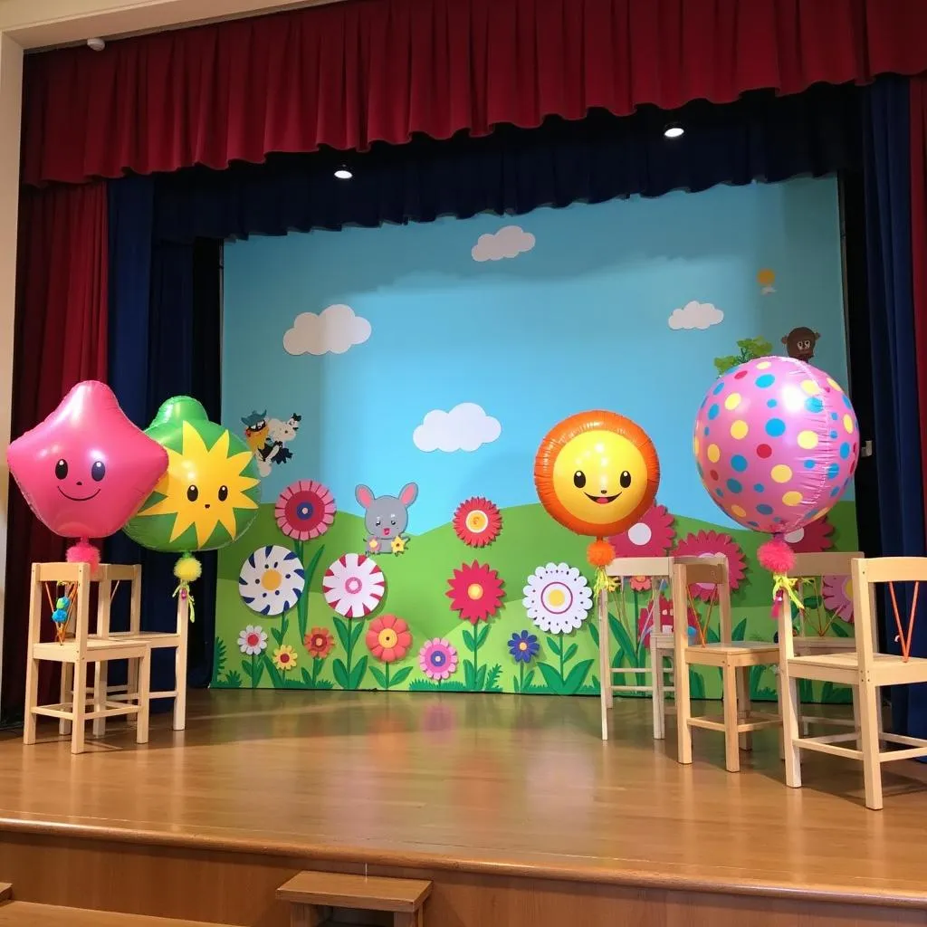 Palco decorado para a cerimônia de abertura da educação infantil
