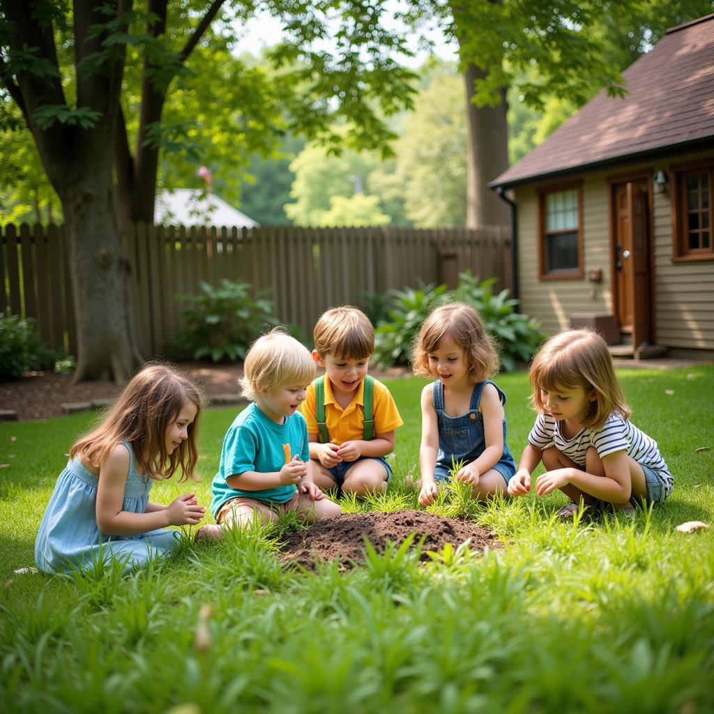 Trẻ em vui chơi trong khu vườn xanh mát tại mầm non Ecokids