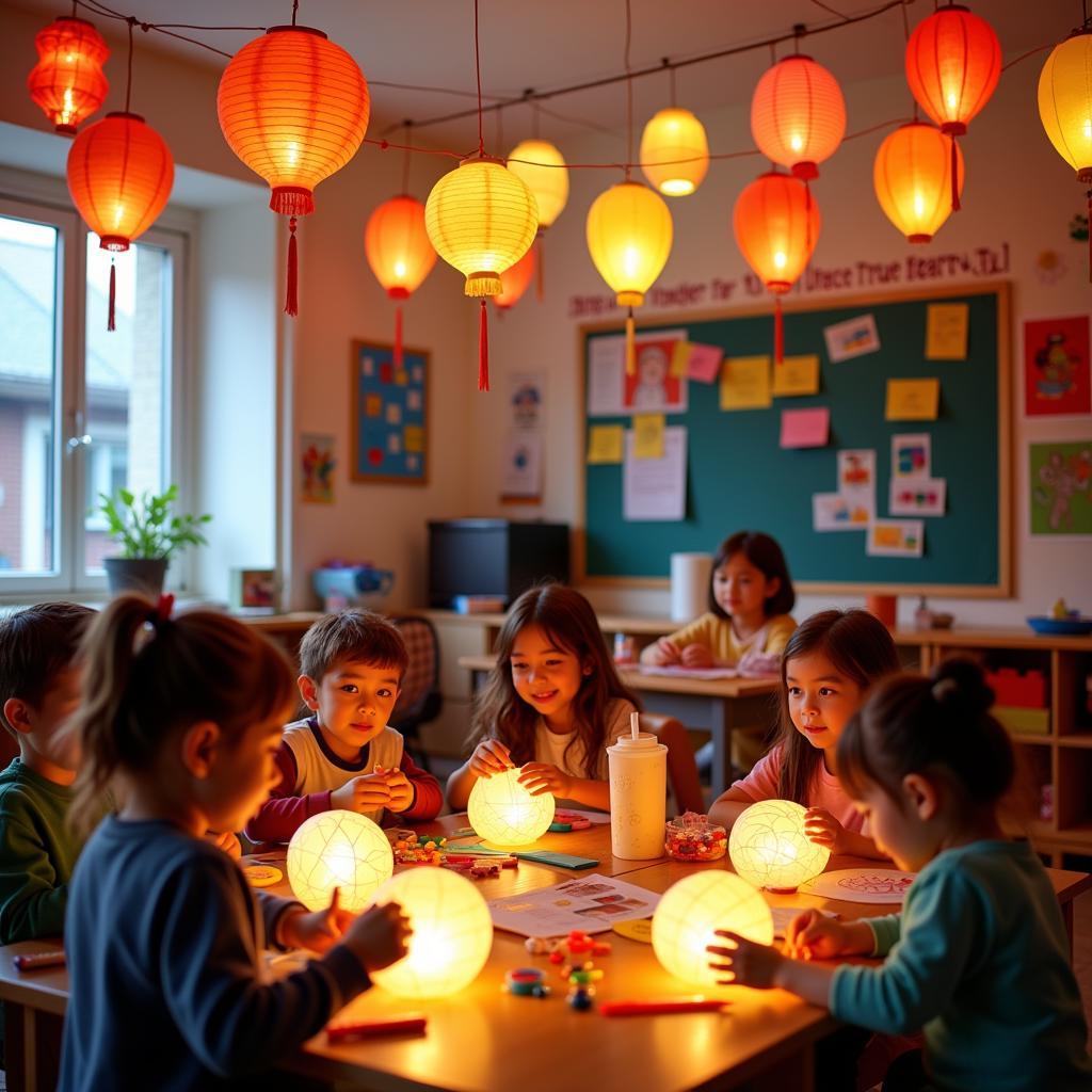 Decorating preschools for Mid-Autumn Festival with handmade lanterns