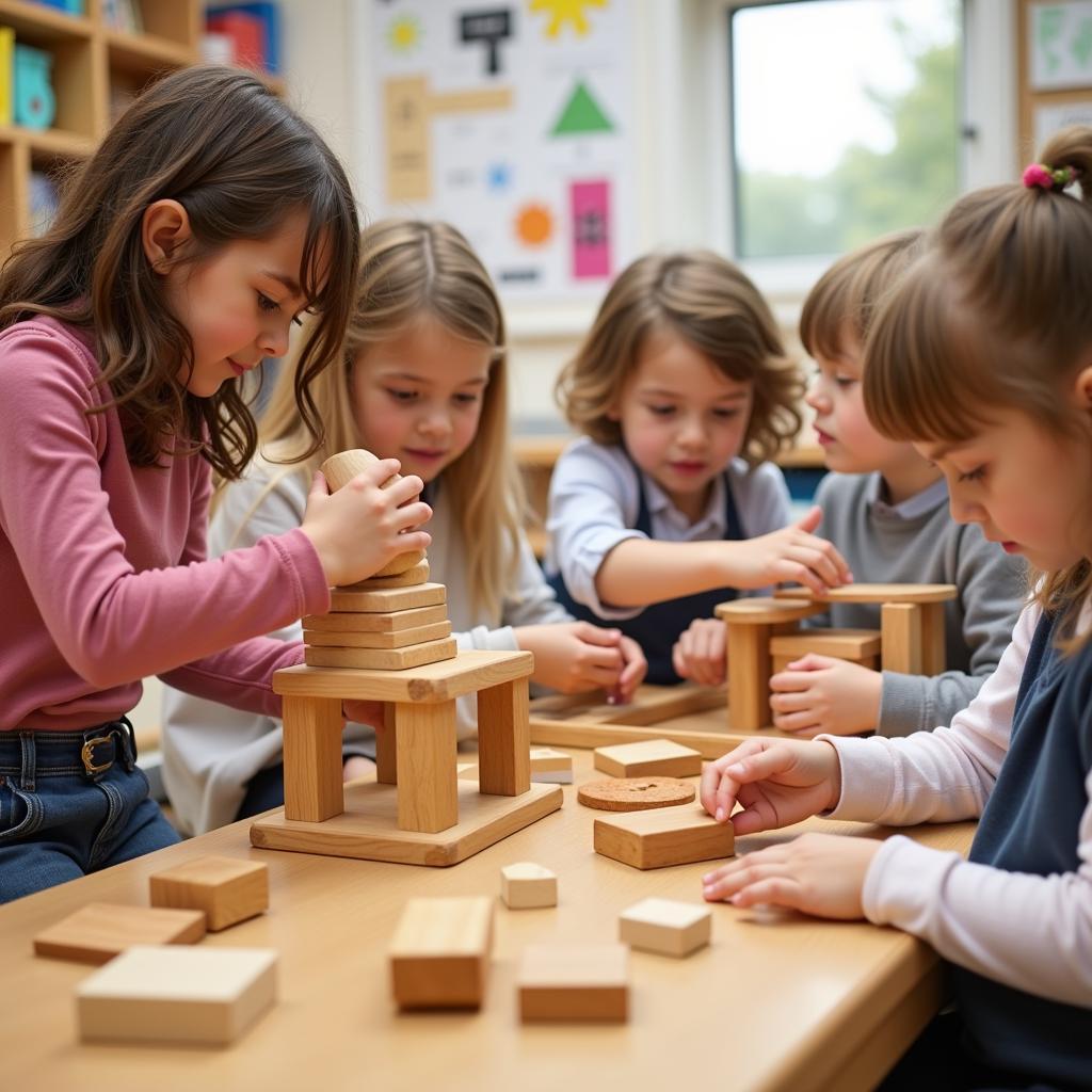 Trẻ em chơi đồ chơi gỗ tại trường mầm non Montessori