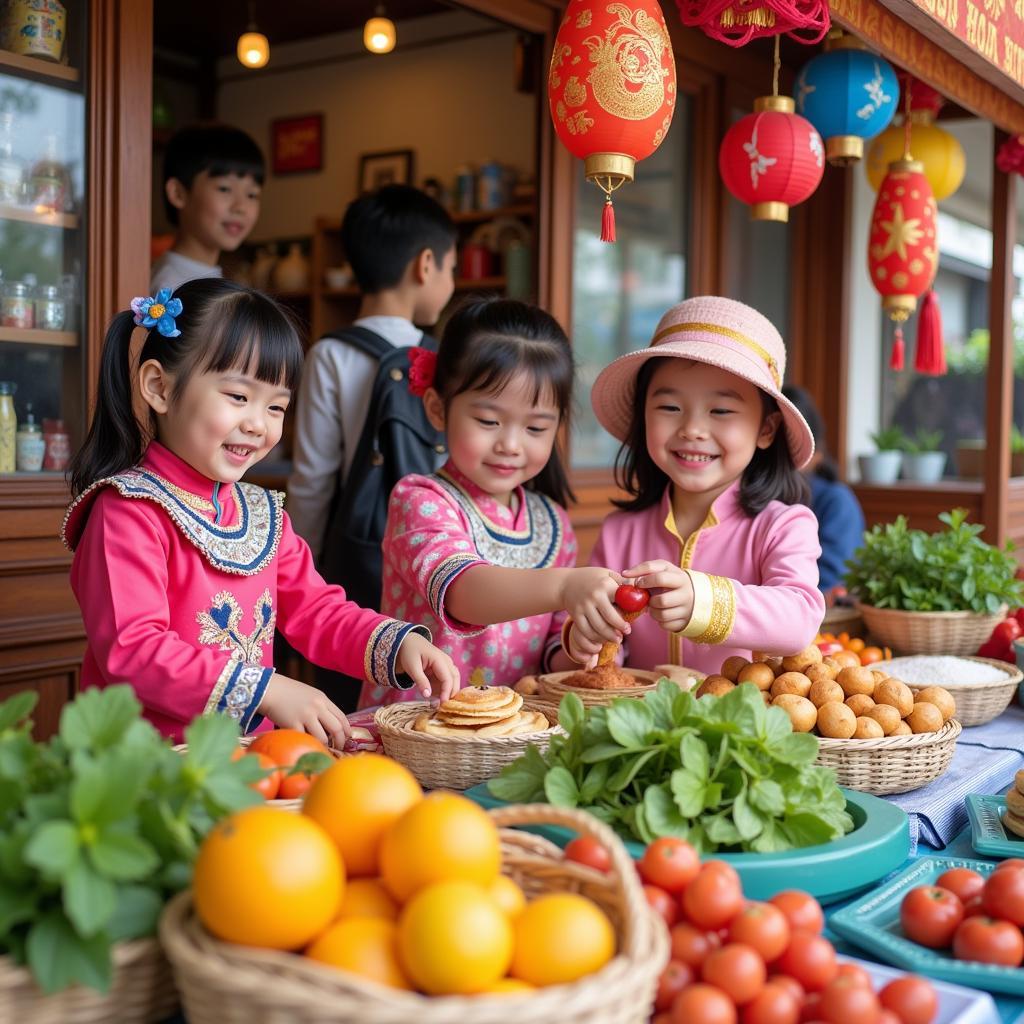 Trẻ em mua bán tại gian hàng chợ quê mầm non