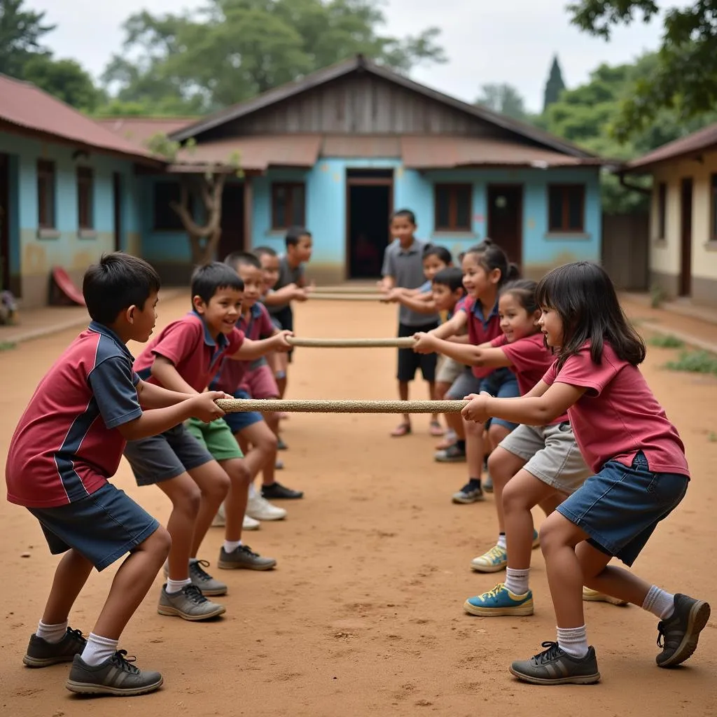 Trẻ mầm non chơi kéo co trong sân trường