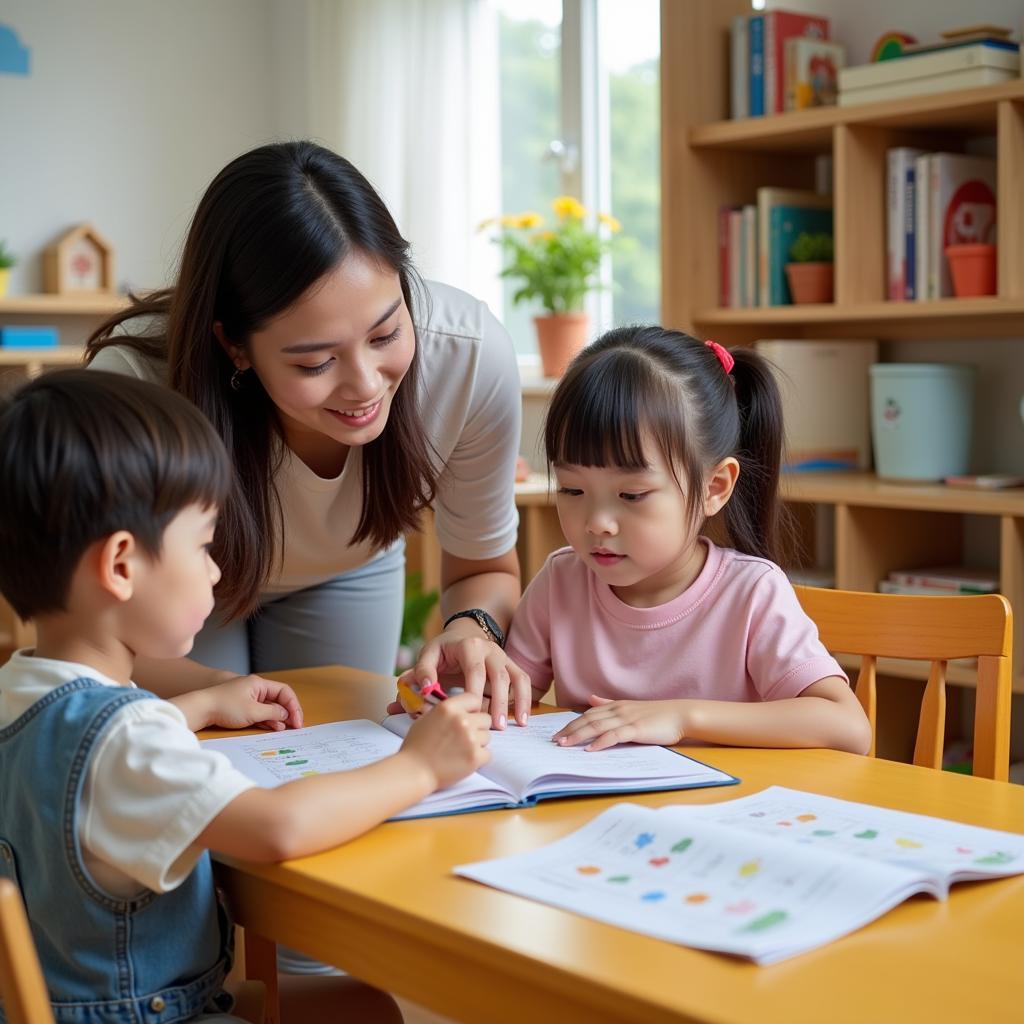 Giáo viên đang hướng dẫn học sinh tại trường mầm non Anh Nhật Montessori