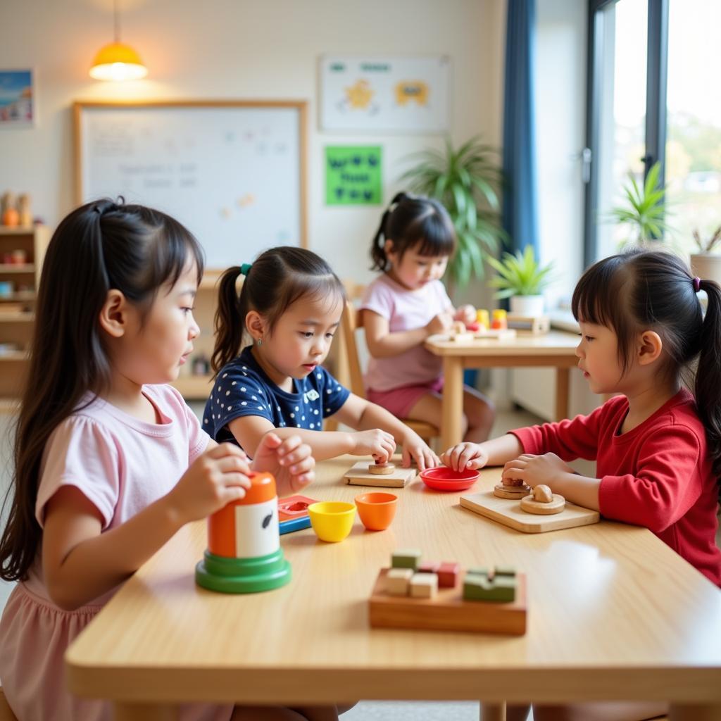 Trẻ em đang học tập tại trường mầm non Anh Nhật Montessori