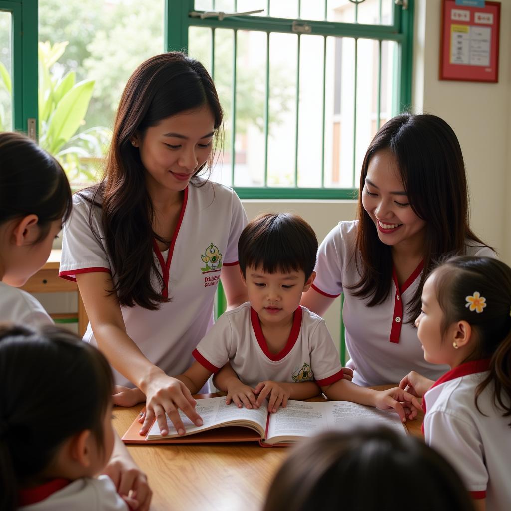 Giáo viên trường mầm non Ánh Sao Bình Tân đang chăm sóc trẻ