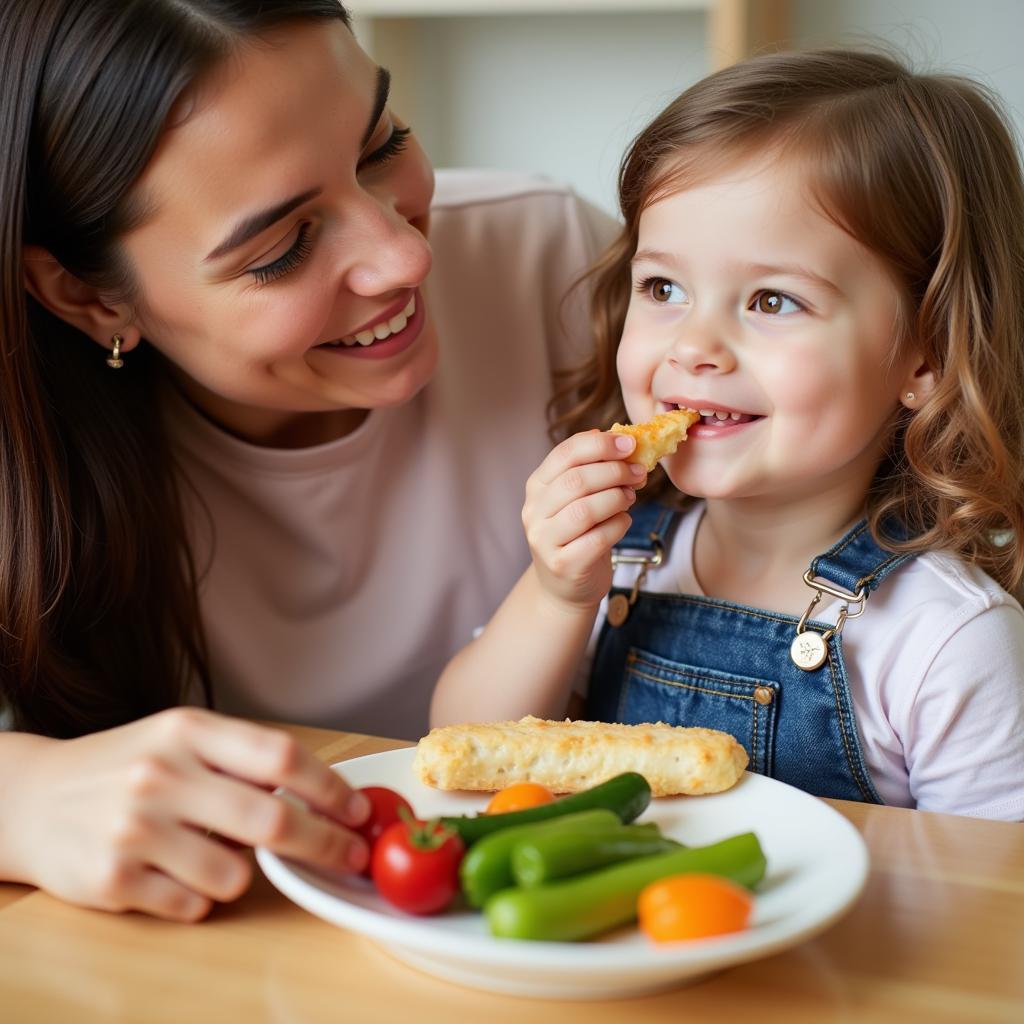 Bé ăn uống lành mạnh tại trường mầm non với sự hướng dẫn của giáo viên