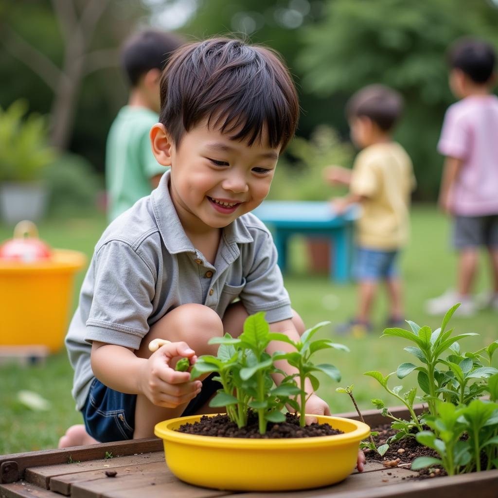 Bé Minh vui chơi tại trường mầm non thảo nguyên