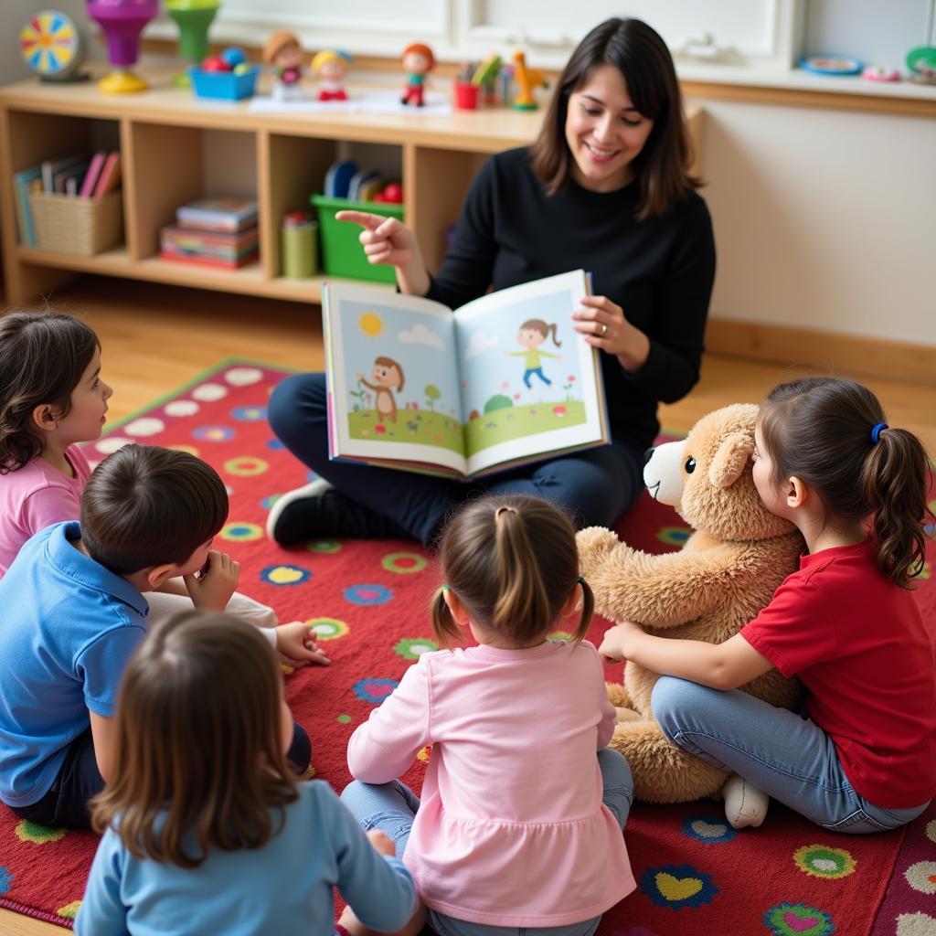 Các bé mầm non đang chăm chú nghe cô kể chuyện