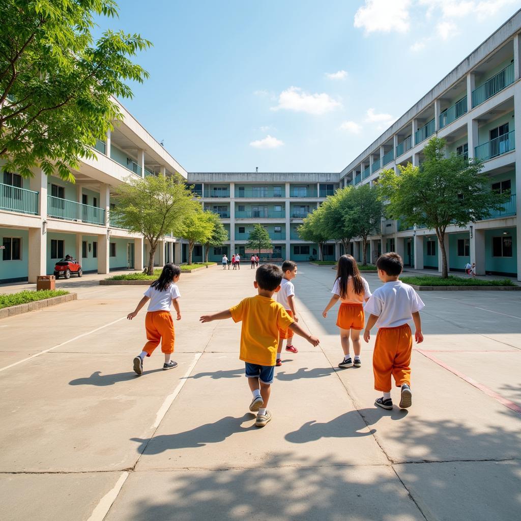 Các bé mầm non Thái Nguyên vui chơi tại sân trường rộng rãi, thoáng mát.