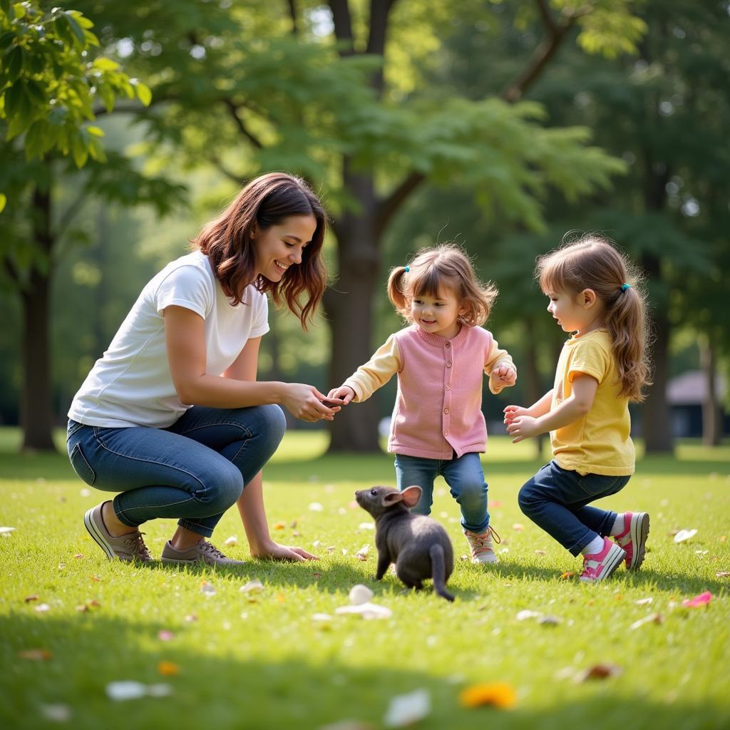 Cô giáo hướng dẫn trẻ mầm non chơi trò chơi mèo đuổi chuột ngoài trời, các bé vui vẻ tham gia.