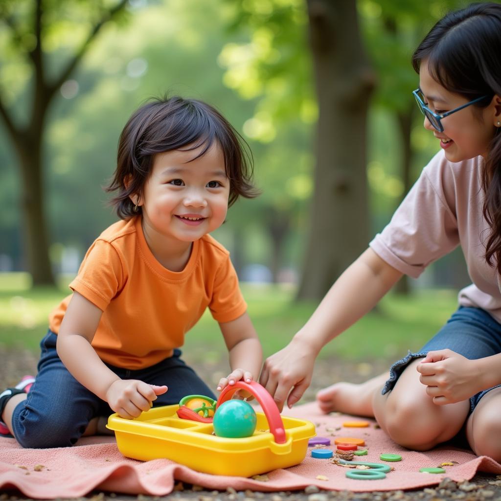 Hình ảnh minh họa bé Minh vui vẻ tham gia hoạt động ngoài trời cùng mẹ, thể hiện sự phát triển toàn diện của trẻ nhờ áp dụng văn bản hợp nhất chương trình giáo dục mầm non.