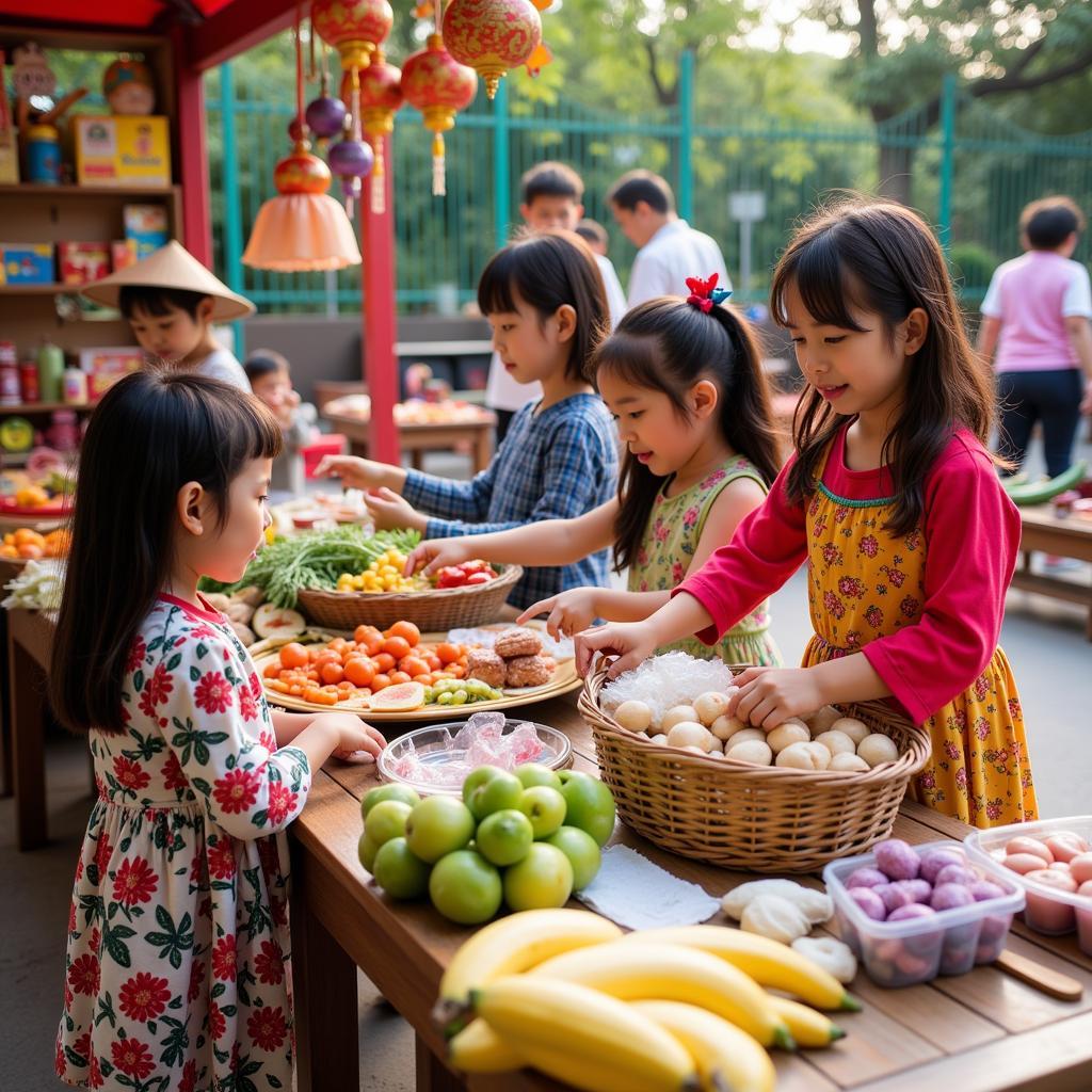 Các bé mầm non tham gia hoạt động mua bán tại chợ quê trường mầm non