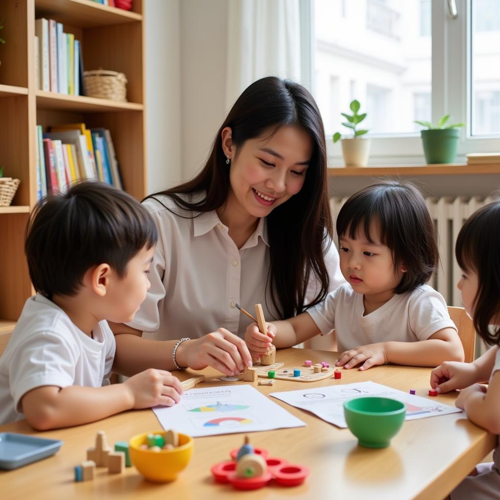 Một giáo viên mầm non đang hướng dẫn trẻ học tập theo phương pháp Montessori tại TPHCM