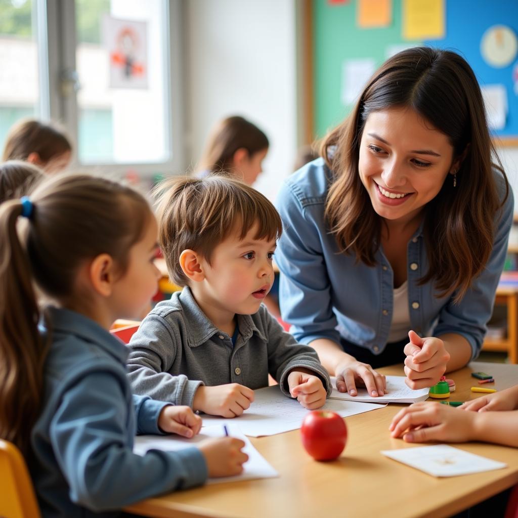 Sinh viên đại học sư phạm mầm non thực hành giảng dạy tại trường mầm non, tương tác với trẻ em.