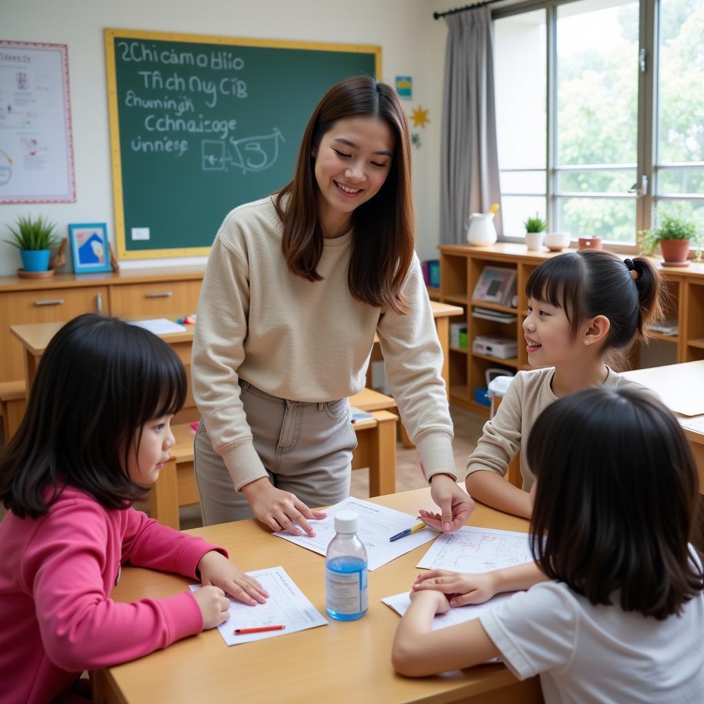 Đào tạo giáo viên mầm non Quảng Bình: Hình ảnh minh họa lớp học mầm non với giáo viên đang hướng dẫn các bé.