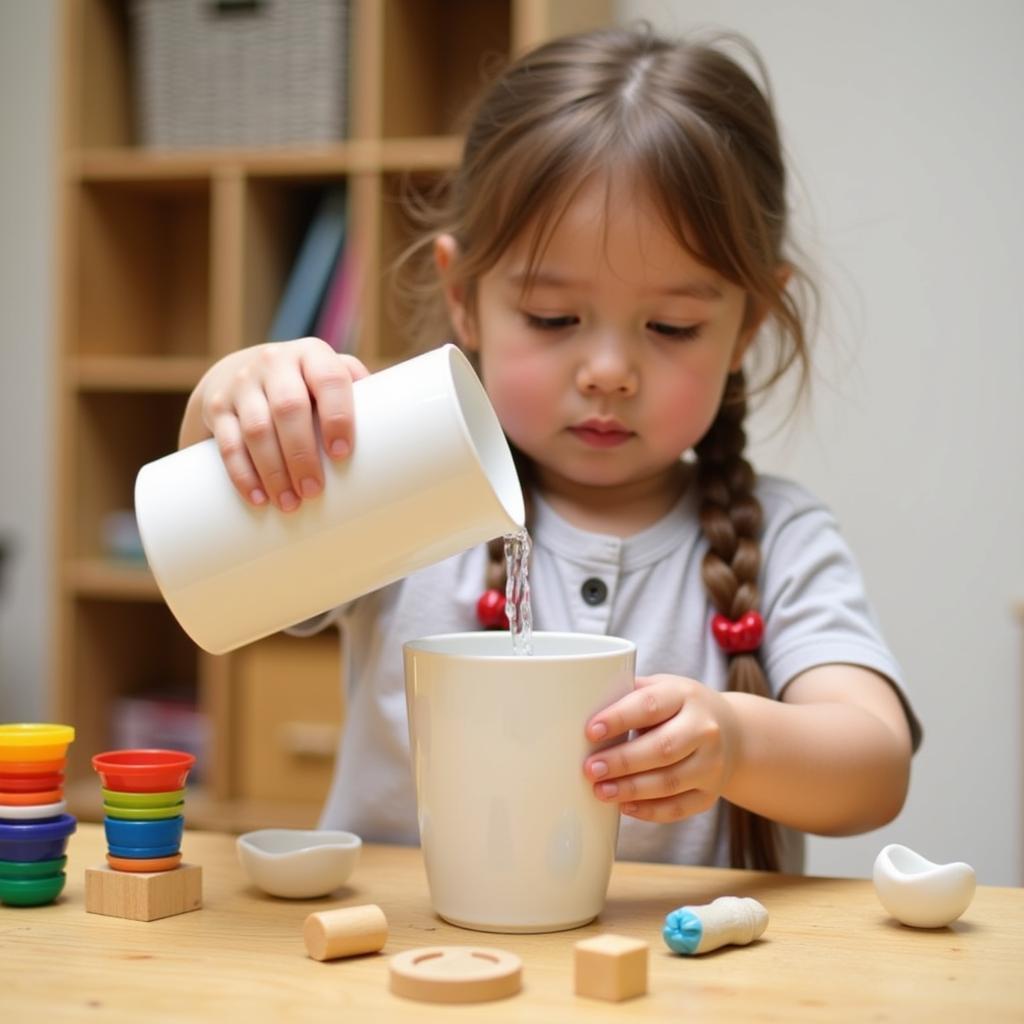 Trẻ mầm non đang thực hiện hoạt động di chuyển cốc nước Montessori