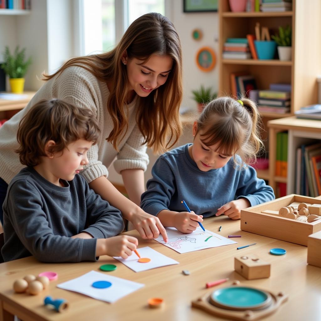 Giáo viên đang hướng dẫn trẻ em sử dụng giáo cụ Montessori.