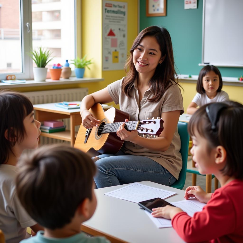 Cô giáo dạy hát bài "Ba là niềm vui của mẹ"