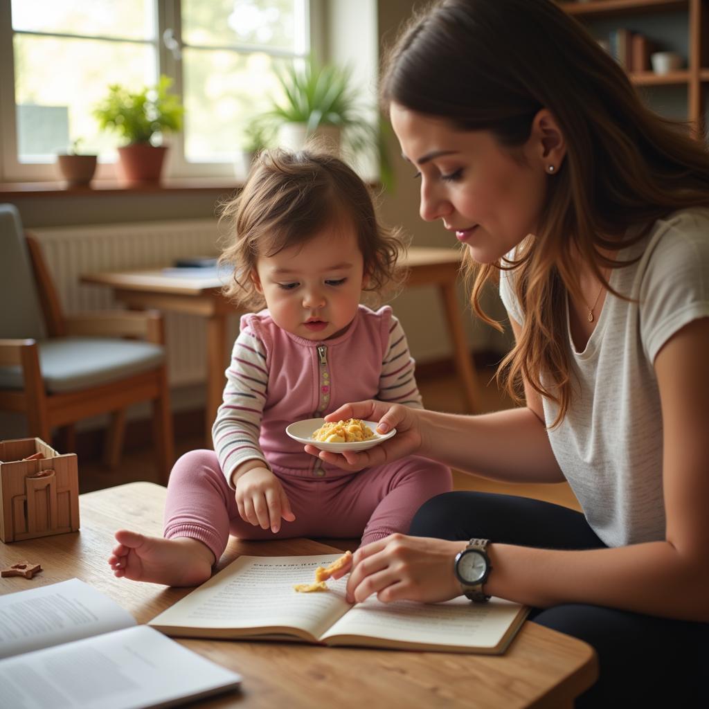 Giáo viên mầm non chăm sóc con nhỏ