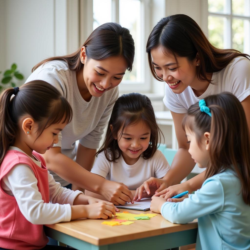 Dedicated preschool teachers interacting with children